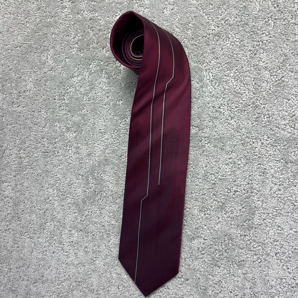 MCM Silk Tie Mens 58" Burgundy Geometric Stripe Hand Made Designer Formal Luxury